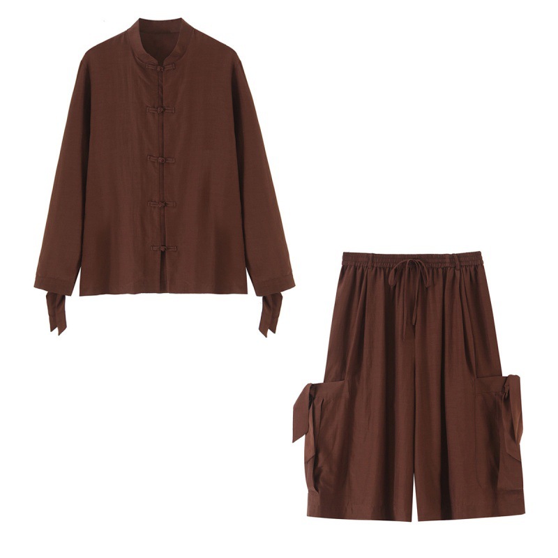Bow-tie Long-sleeve Shirt With Pockets Casual Shorts