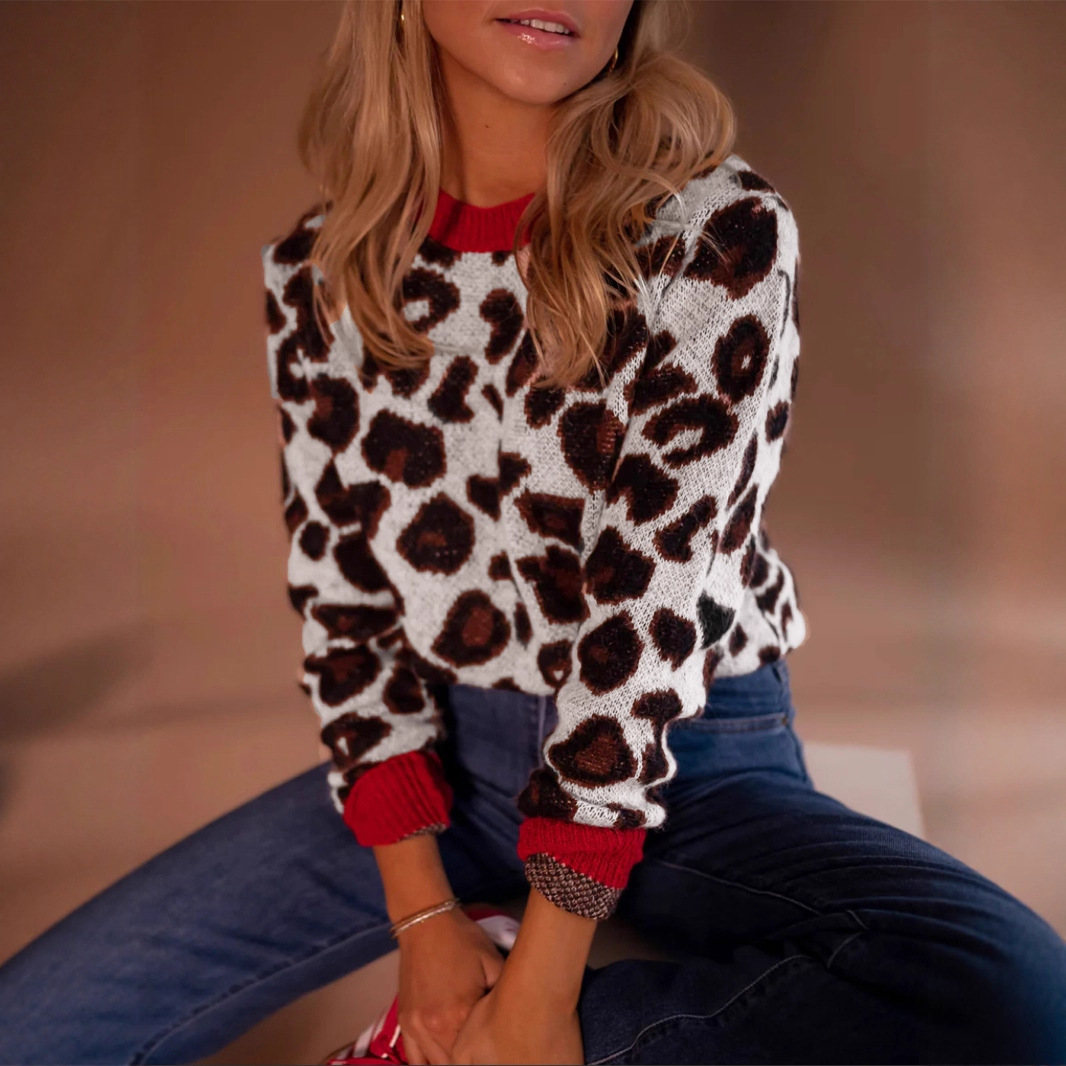 Contrast Color Leopard Jacquard Long-sleeved Knitted Sweater