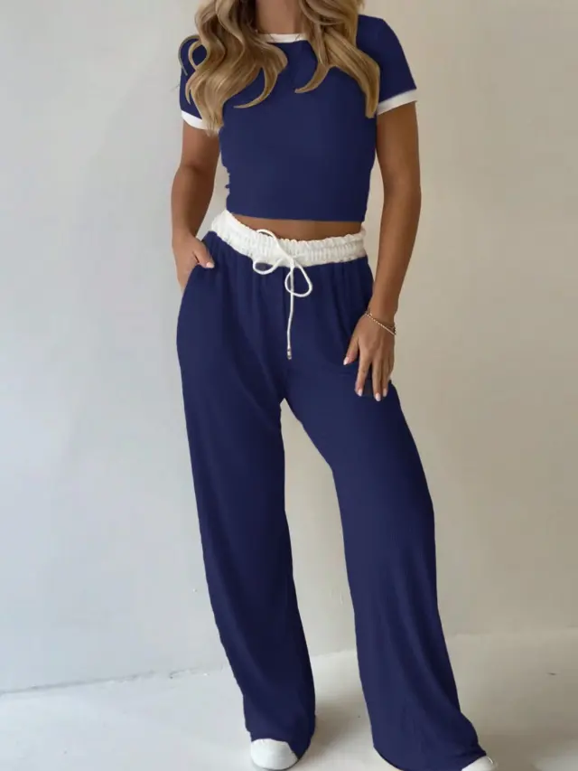 Casual Minimalist Solid Color Short Sleeve Top And Wide Leg Pants Set Blue - Shop at LoveMi