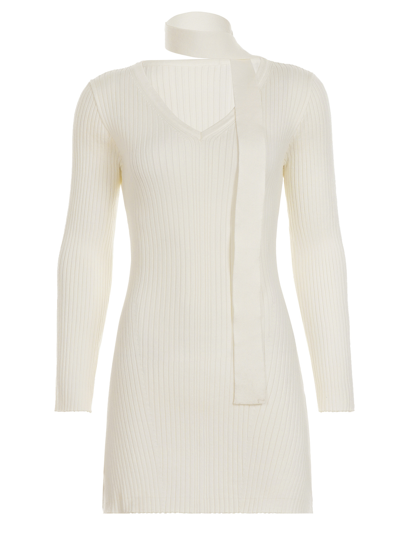 V neck Scarf Tie waist Design Slim fit Knitted Dress White - Shop at LoveMi