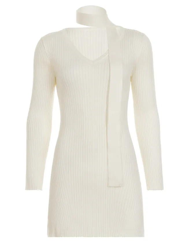 V neck Scarf Tie waist Design Slim fit Knitted Dress White - Shop at LoveMi