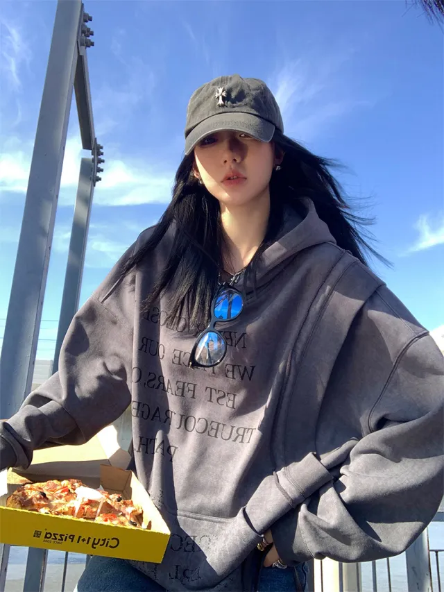 Printed Hoodie Women's Winter New American Retro Baggy Coat Design Sense Niche Top Gray - Shop at LoveMi