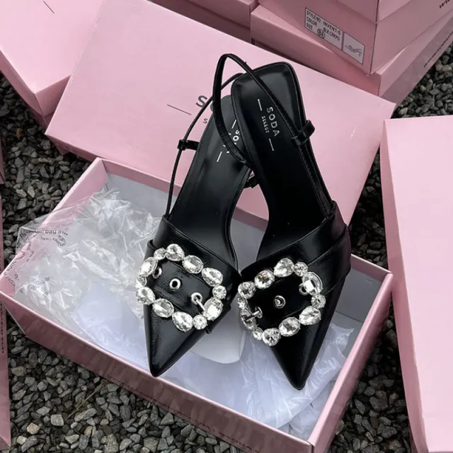 Fairy Mint Man Rhinestone Buckle Closed Toe Sandals Women's Stiletto Heel High Heel Shoes Black - Shop at LoveMi