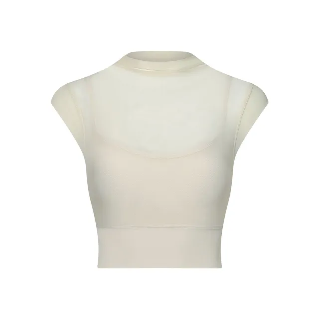 Mesh Yoga Clothes Flounced Sleeve Running Quick drying Sports Bra With Chest Pad Milk Apricot - Shop at LoveMi
