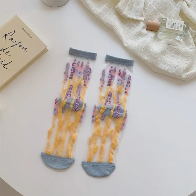 Spring And Summer Ultra thin Breathable Retro Large Flower Spun Glass Mid calf Socks Crystal Long Socks Crystal Silk Tube No 5 - Shop at LoveMi