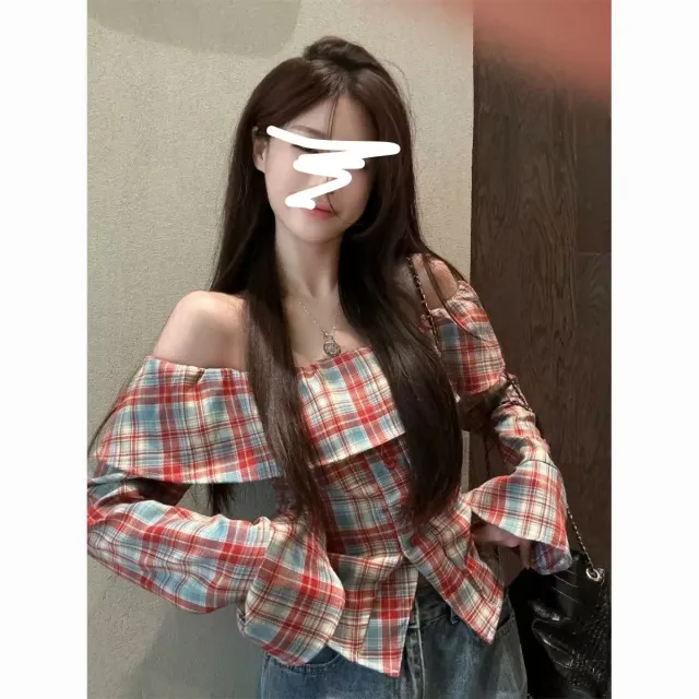 Ruffled Plaid Shirt Off neck Off the shoulder Flared Sleeves Red - Shop at LoveMi