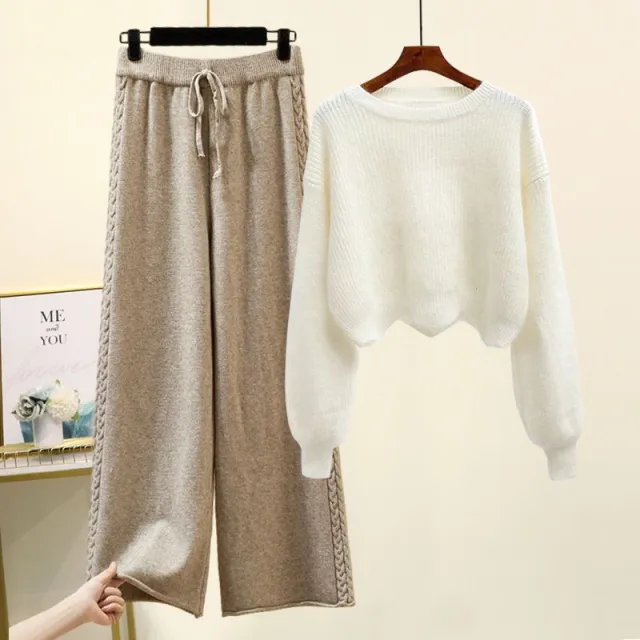 Autumn And Winter Set Knitted Sweater Slimming All match Wide Leg Pants Suit White Sweater Suit - Shop at LoveMi