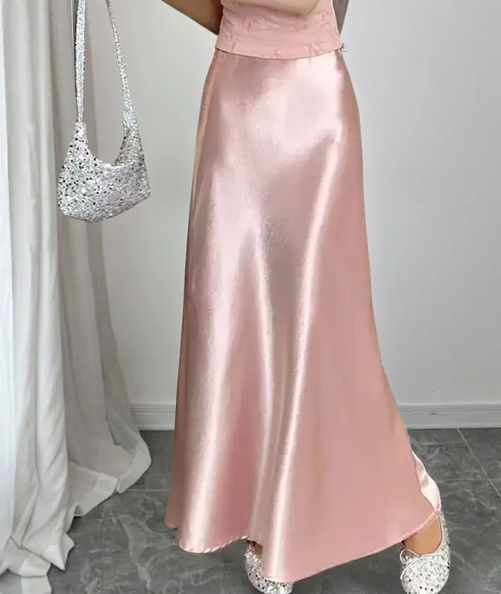 SpringSummer Satin Acetate High-Waisted Light-Luxury Elegant Skirt