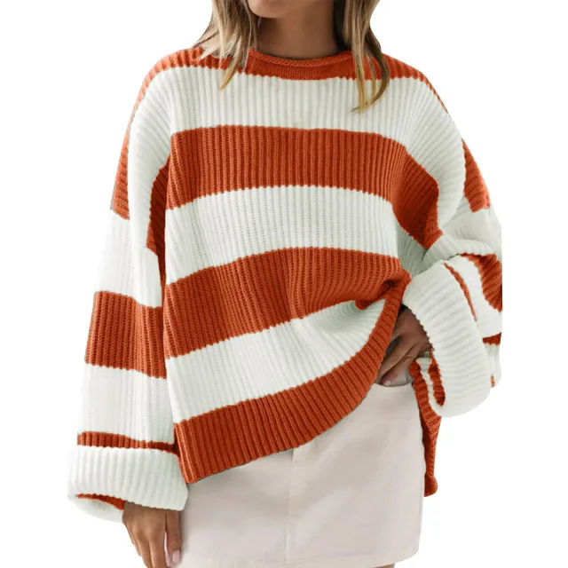Loose Striped Sweater Fashion Casual Long Batwing Sleeve Round Neck Pullover Knit Tops Women Clothing Orange - Shop at LoveMi