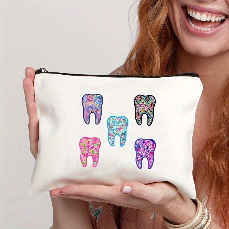 Tooth-patterned Canvas Zip Pouch For Kids Travel