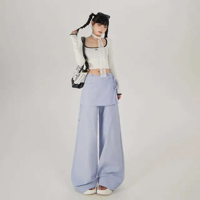 Bandage Dress Fake Two piece Casual Wide leg Pants Slimming Straight leg Trousers Blue - Shop at LoveMi