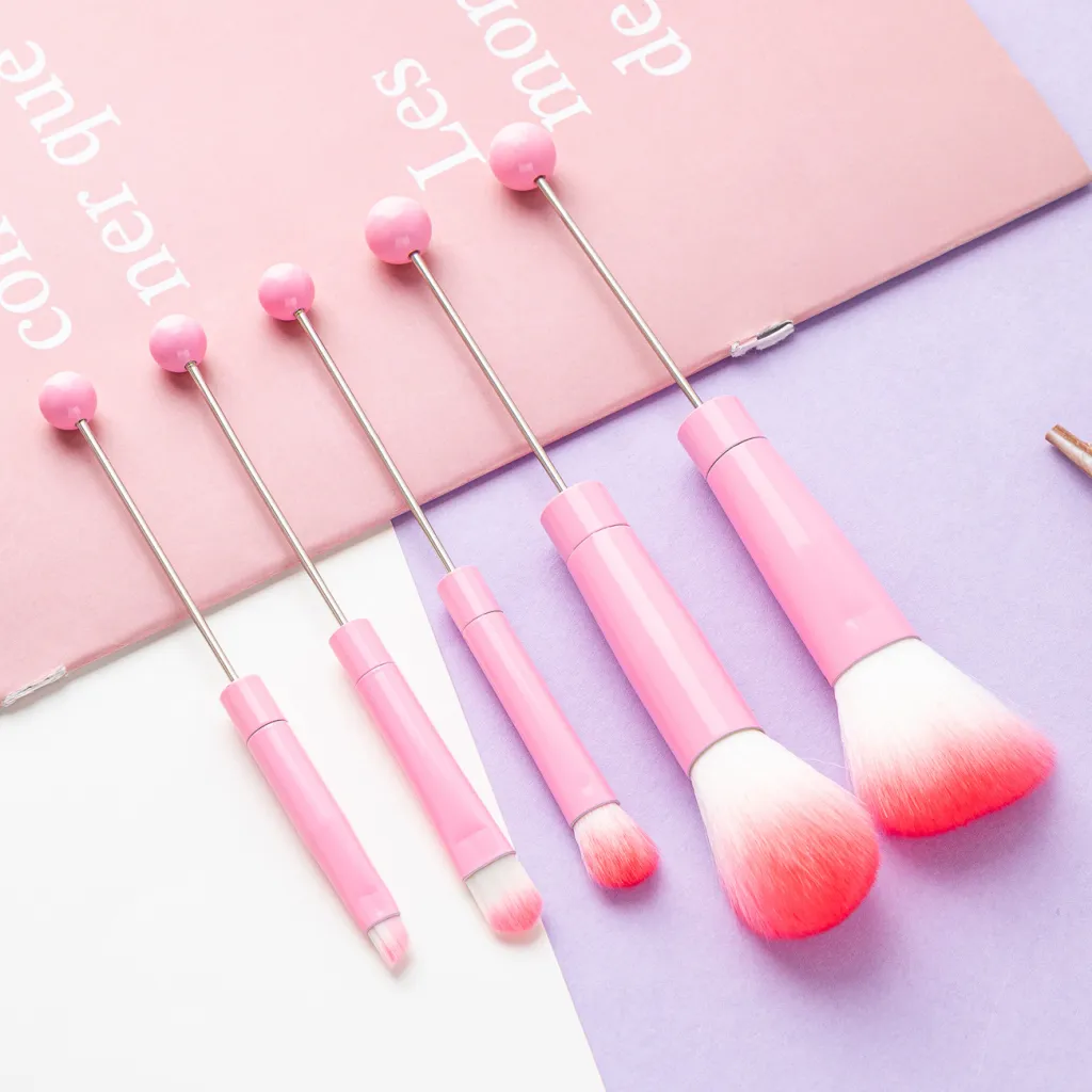 DIY Metal Handle Beaded Makeup Brush Suit - Pink Handle
