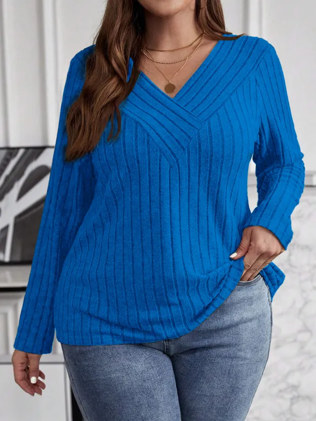 Autumn And Winter Solid Color Plus size Cross V neck Long sleeve Ribbed Brushed Pullover T shirt Top Blue - Shop at LoveMi
