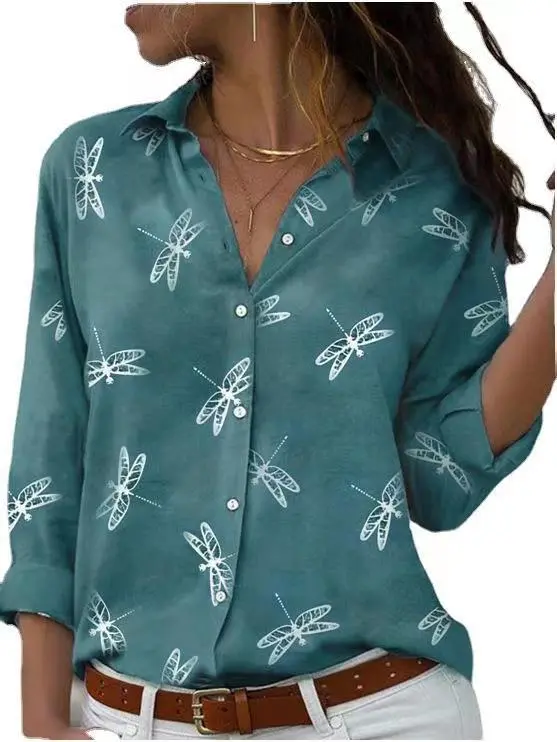 Dragonfly Printed Long Sleeve Lapel Slim Fit Green - Shop at LoveMi