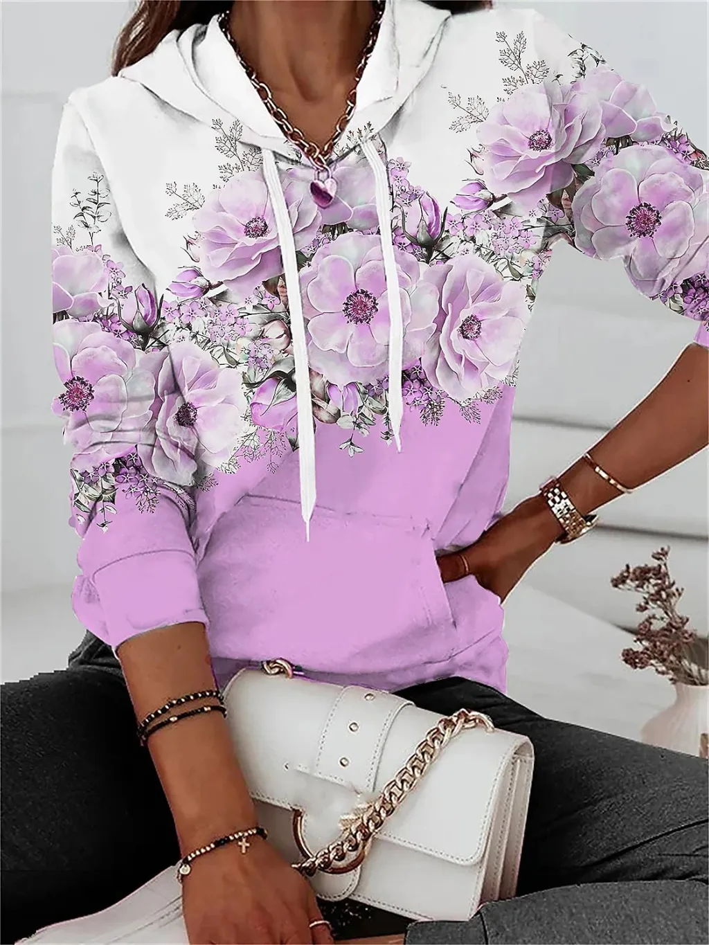 Hooded Sweater Floral Print Leisure Pullover Long Sleeve - Purple