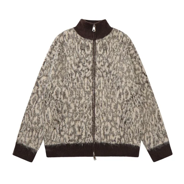 Double headed Zipper Leopard Cardigan Sweater American Retro Apricot - Shop at LoveMi