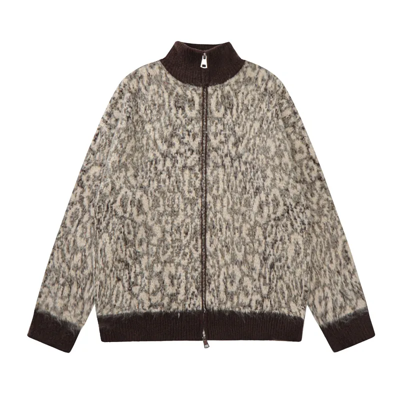 Double-headed Zipper Leopard Cardigan Sweater American Retro - Apricot