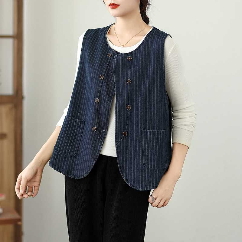 Retro-striped Denim Vest For Women
