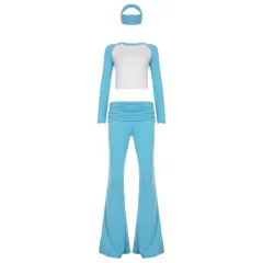 American Casual Sports Suit Basic Style Colour Contrast Long Sleeve T-shirt Waist Pants Fitness Three-piece Set - Blue - View 1