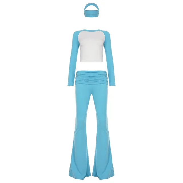 American Casual Sports Suit Basic Style Color Contrast Long Sleeve T shirt Waist Pants Fitness Three piece Set Blue - Shop at LoveMi