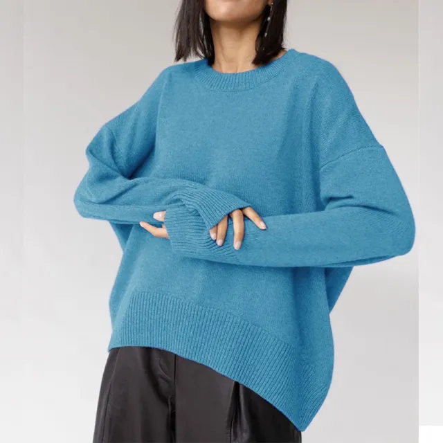 Women's Double Layer Round Neck Sweater Loose Blue - Shop at LoveMi