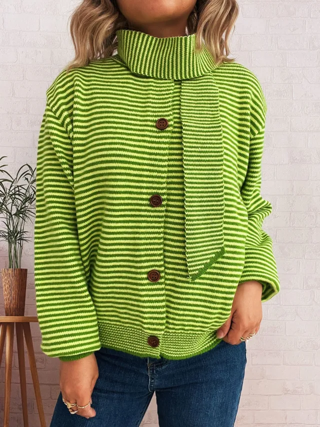 Elegant Retro Pinstripe Single breasted Scarf Knitted Cardigan Sweater Green - Shop at LoveMi