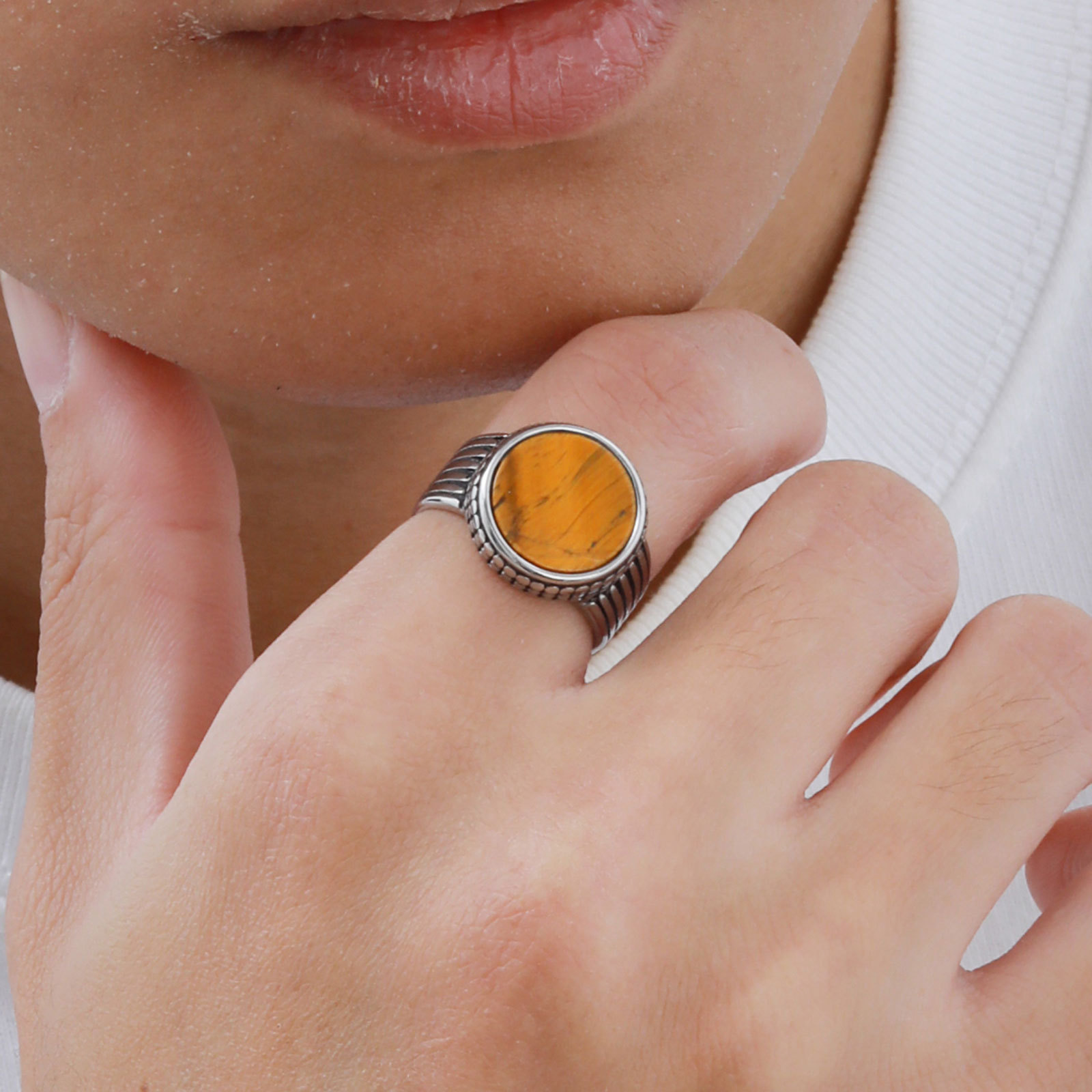 Stainless Steel Mens Tiger Eye Stone Cast Ring Vintage Style