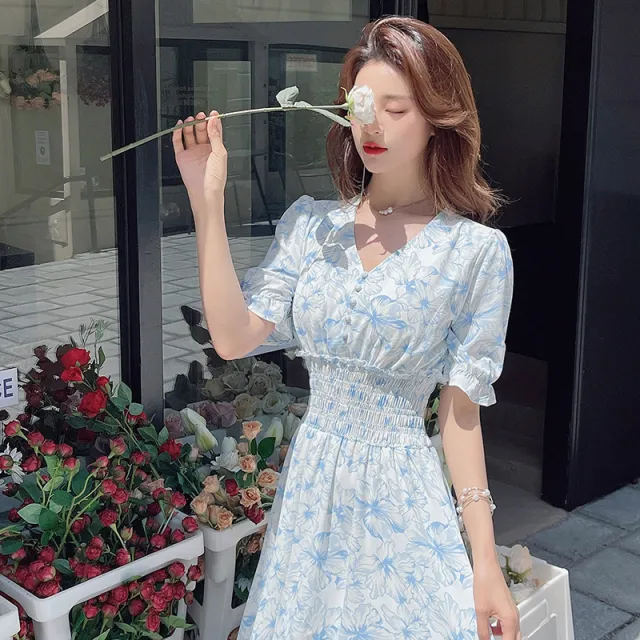 Puff Sleeve Chiffon Dress French Style Mori Sweet Sky Blue - Shop at LoveMi
