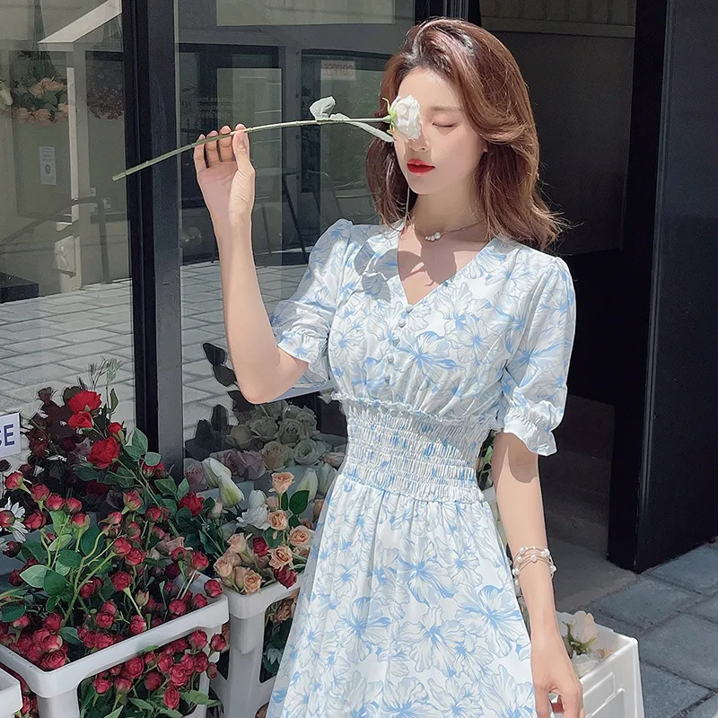 Puff Sleeve Chiffon Dress French Style Mori Sweet - Sky Blue