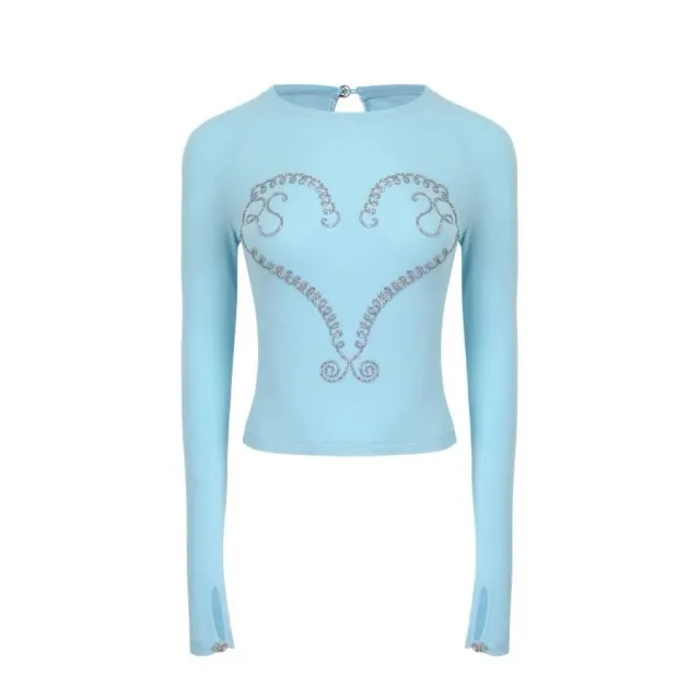 Women's Heavy Embroidery Hot Drilling Cotton Long sleeved T shirt Enchantress Blue - Shop at LoveMi