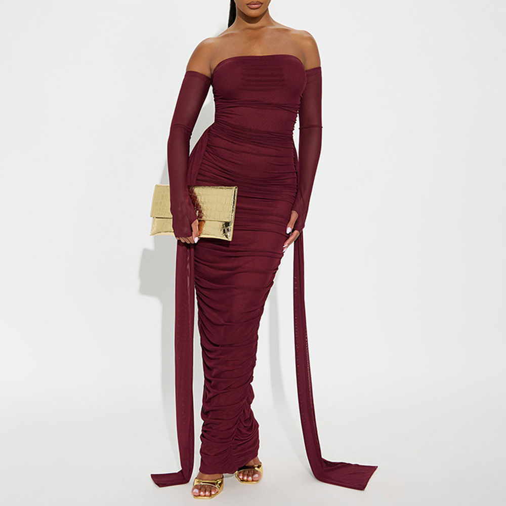 Off the shoulder Long sleeve Draped Ribbon fit Dress For Women Wine - Shop at LoveMi