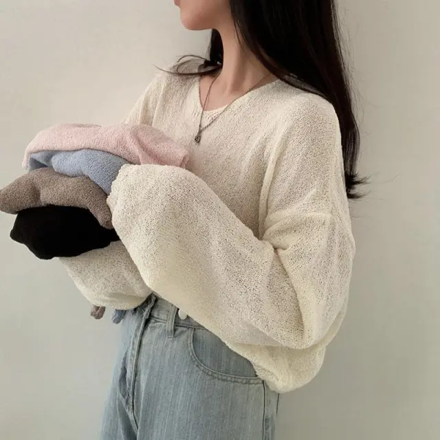 Women's Loose And Lazy Style V neck Pullover Sweater Beige - Shop at LoveMi