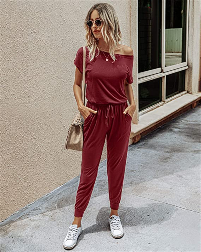 Slant Shoulder Short Sleeve Pocket One-piece Trousers