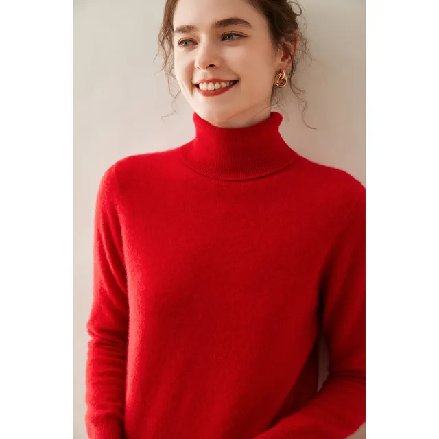 Women's Solid Color Pullover Cashmere Turtleneck Knitting Bottoming Shirt Bright Red - Shop at LoveMi
