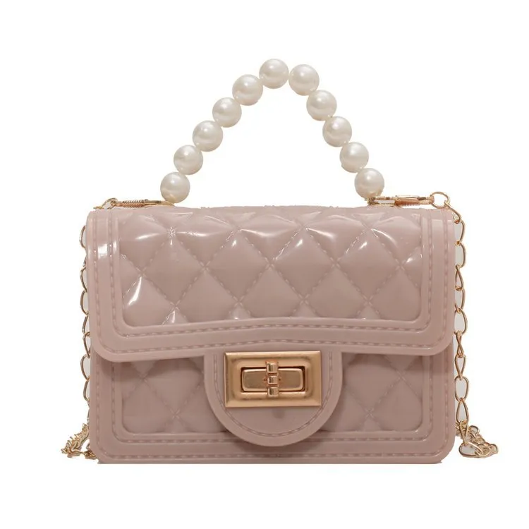Patent Leather Glossy Jelly Women's Crossbody PU Small Square Sewing Line Twist Lock Bag - Khaki