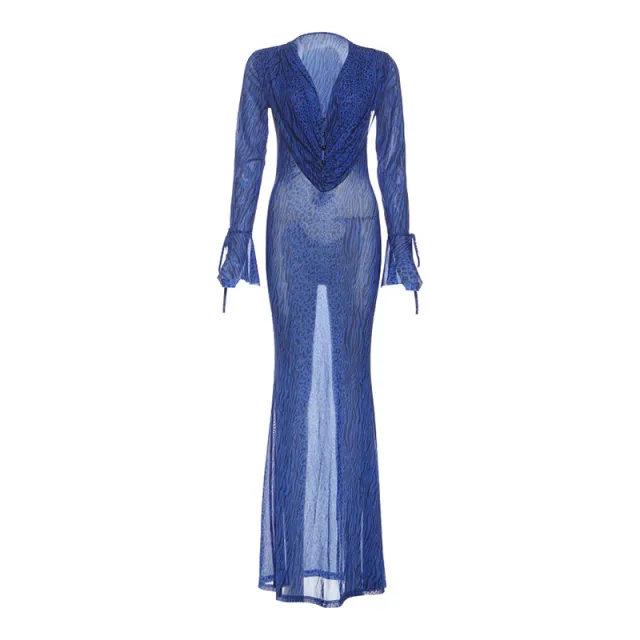 Deep V neck Figure flattering Mesh Long sleeve Dress Blue - Shop at LoveMi