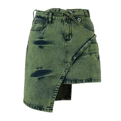 Women's Fashion Stitching Irregular Denim Skirt - Green - View 1