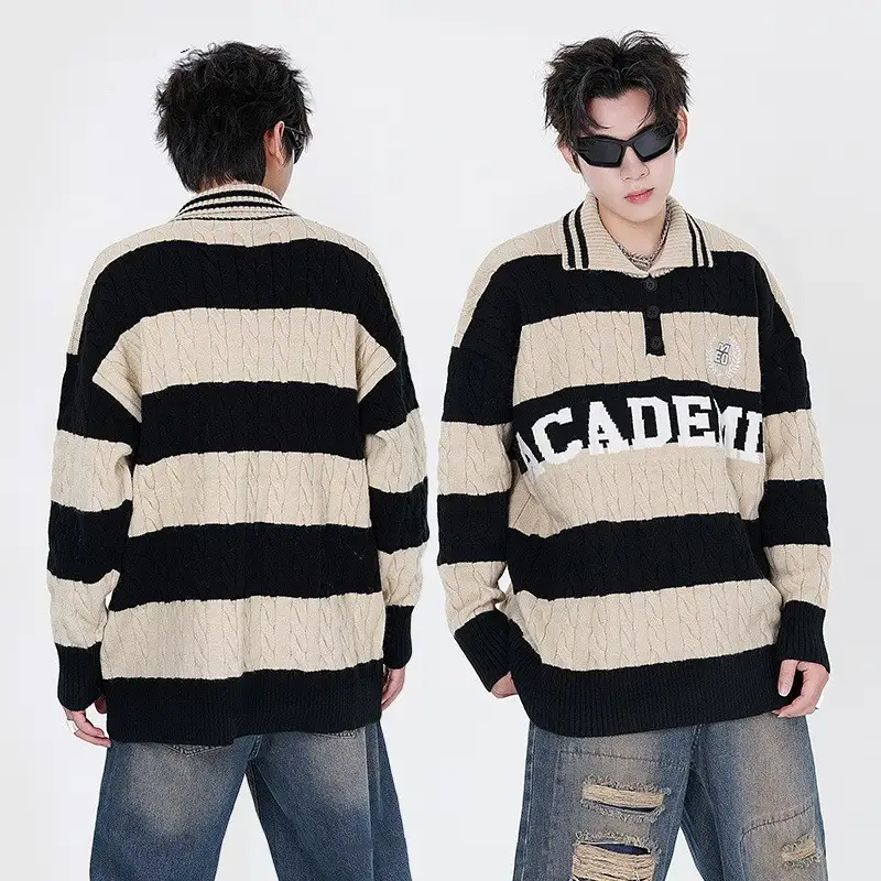 Contrast Color Striped Letters Embroidered Pullover Sweater