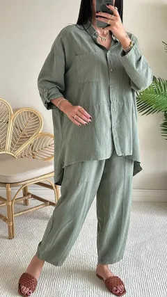 Cotton And Linen Shirt Outfit High Waist Loose - Army Green - View 1