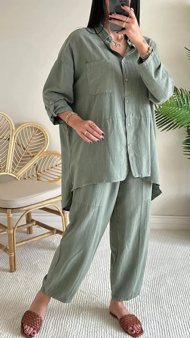 Cotton And Linen Shirt Outfit High Waist Loose Army Green - Shop at LoveMi