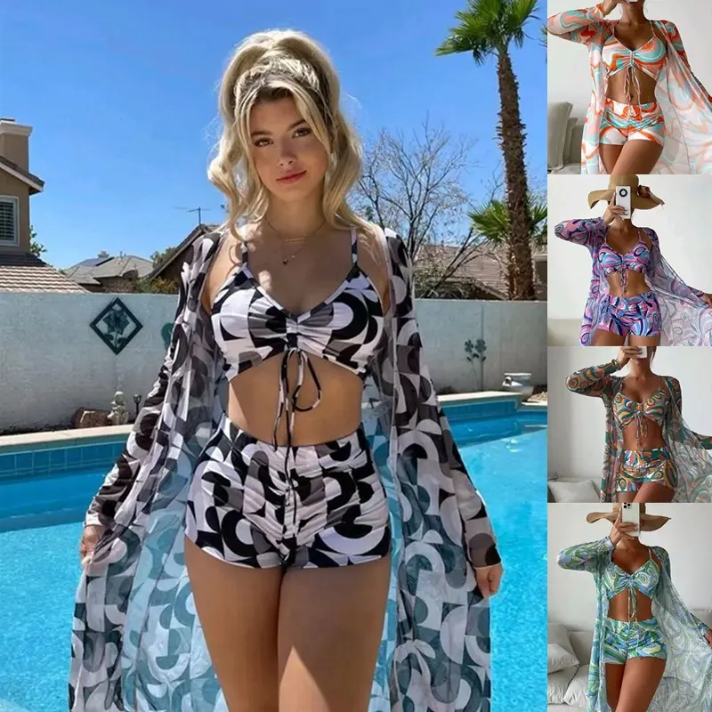 3pcs Pring Bikini with Long Sleeve Cardigan Fashion Summer