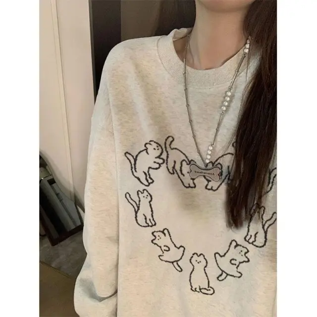 Loose Slimming Casual All match Round Neck Sweater Gray - Shop at LoveMi