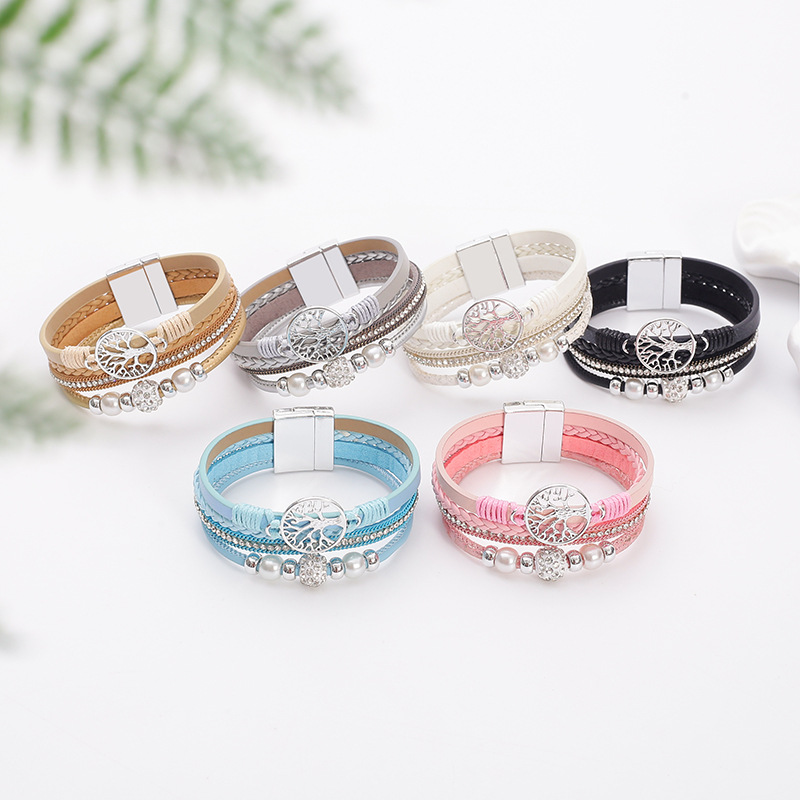 Drilled-bead Multi-layer PU Leather Braided Magnetic-clasp Bracelet