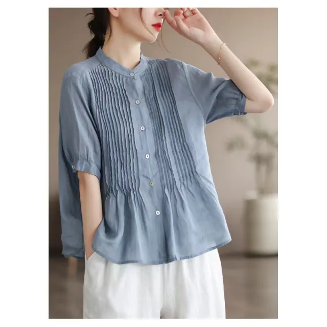 Middle aged Artistic Retro Women's Cotton And Linen Short sleeved Shirt Blue - Shop at LoveMi