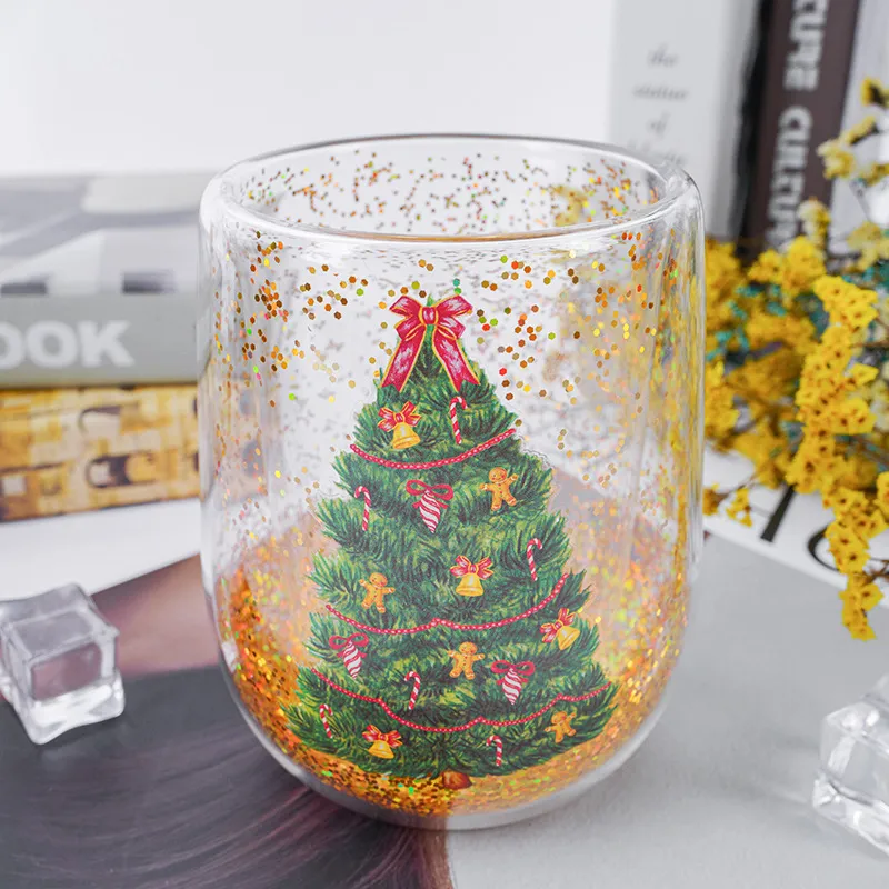 Christmas Tree Cups Heat Resistant Double Layer Flowing Sequins Christmas Cup Household Handwork Cartoon Christmas Trees Tumbler Kitchen Gadgets – image 4