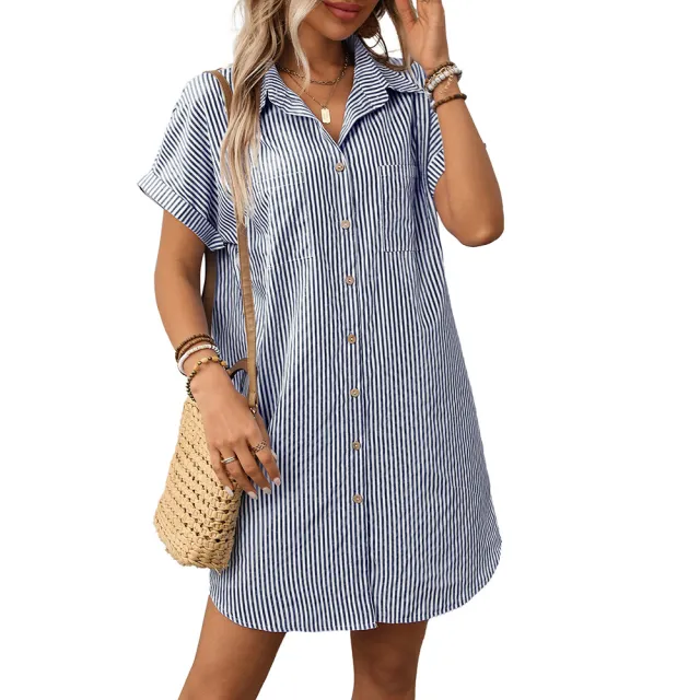 Women's Striped Cotton And Linen Dress Shirt Striped Navy Blue - Shop at LoveMi