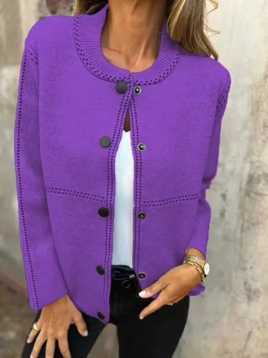 Ins Black striped Button Cardigan Fashion Sweater Loose Round Neck Long Sleeve Cropped Tops Women's Clothing Purple - Shop at LoveMi