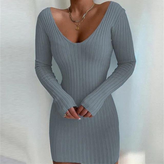 V neck Slim fit Long Sleeve Knitted Dress Gray - Shop at LoveMi