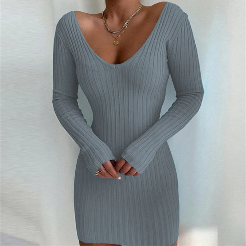 V-neck Slim-fit Long Sleeve Knitted Dress - Gray