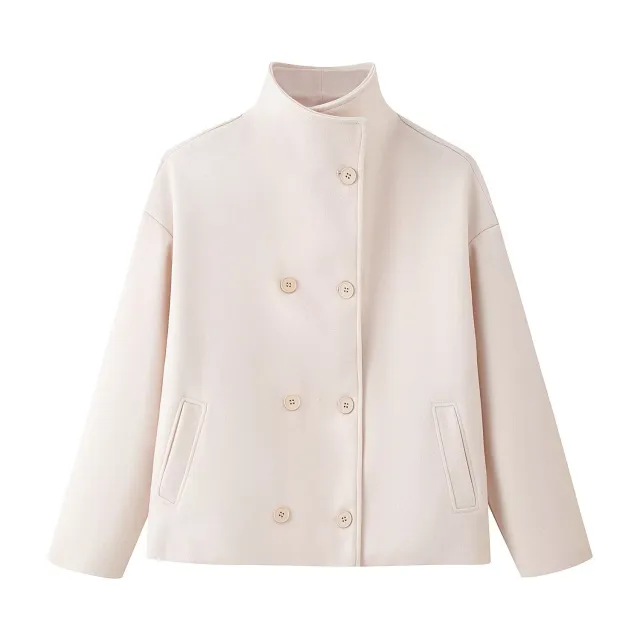 Womens Autumn Fashion Design Short Wool Coat With A Stand Collar And Double Breasted Buttons Beige - Shop at LoveMi